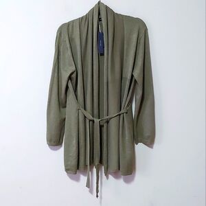 Zara Longline Open Front Cardigan Size Large Women Green Stretch Long Sleeve Tie